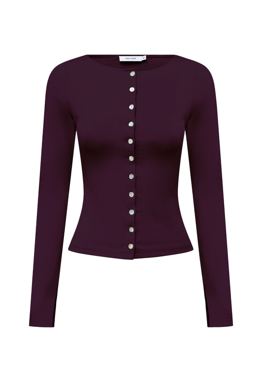 Button-Through Long Sleeve Top Aubergine